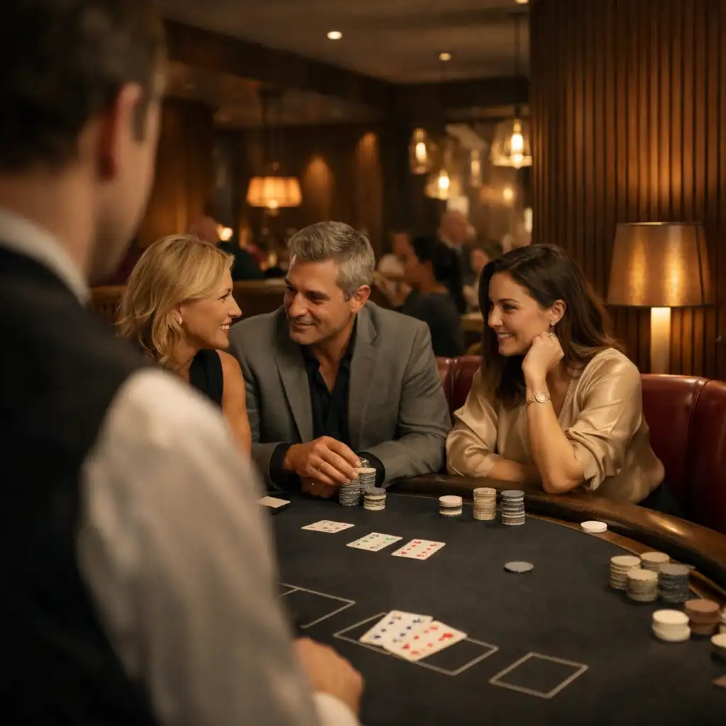 A host and guests in conversation around a physical blackjack table with ruby seating and bronze lamps.
