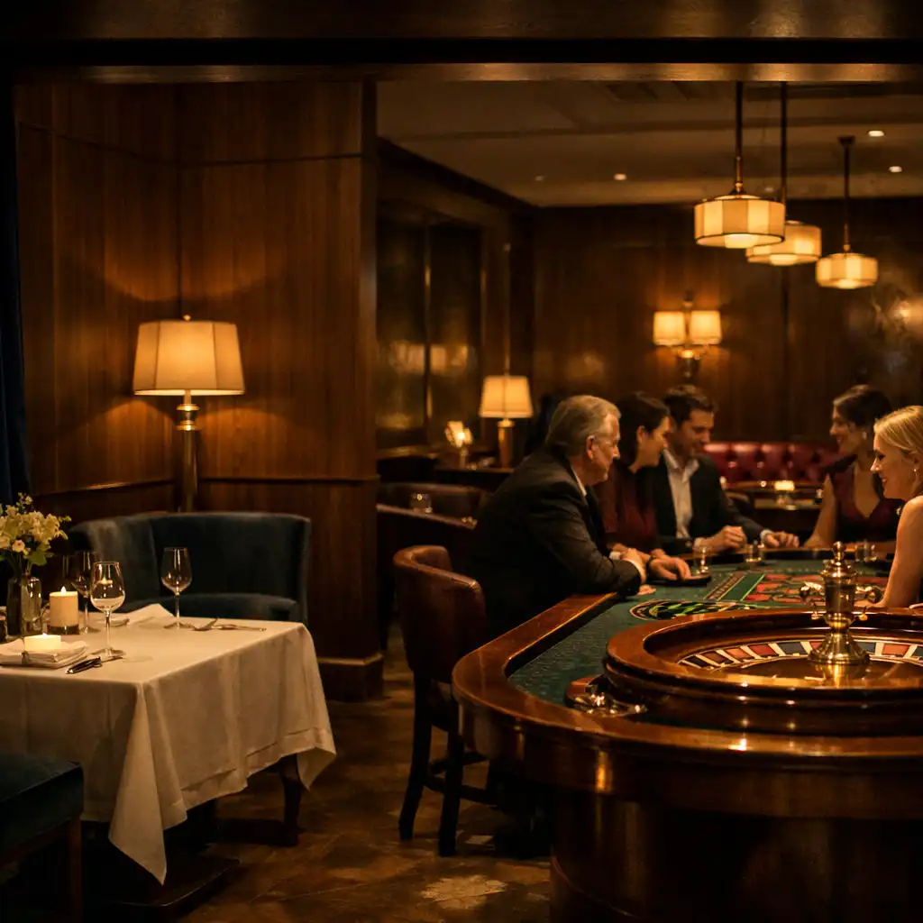 Guests gathered around a physical roulette table in DinePavilion's warmly lit Casino Lounge.