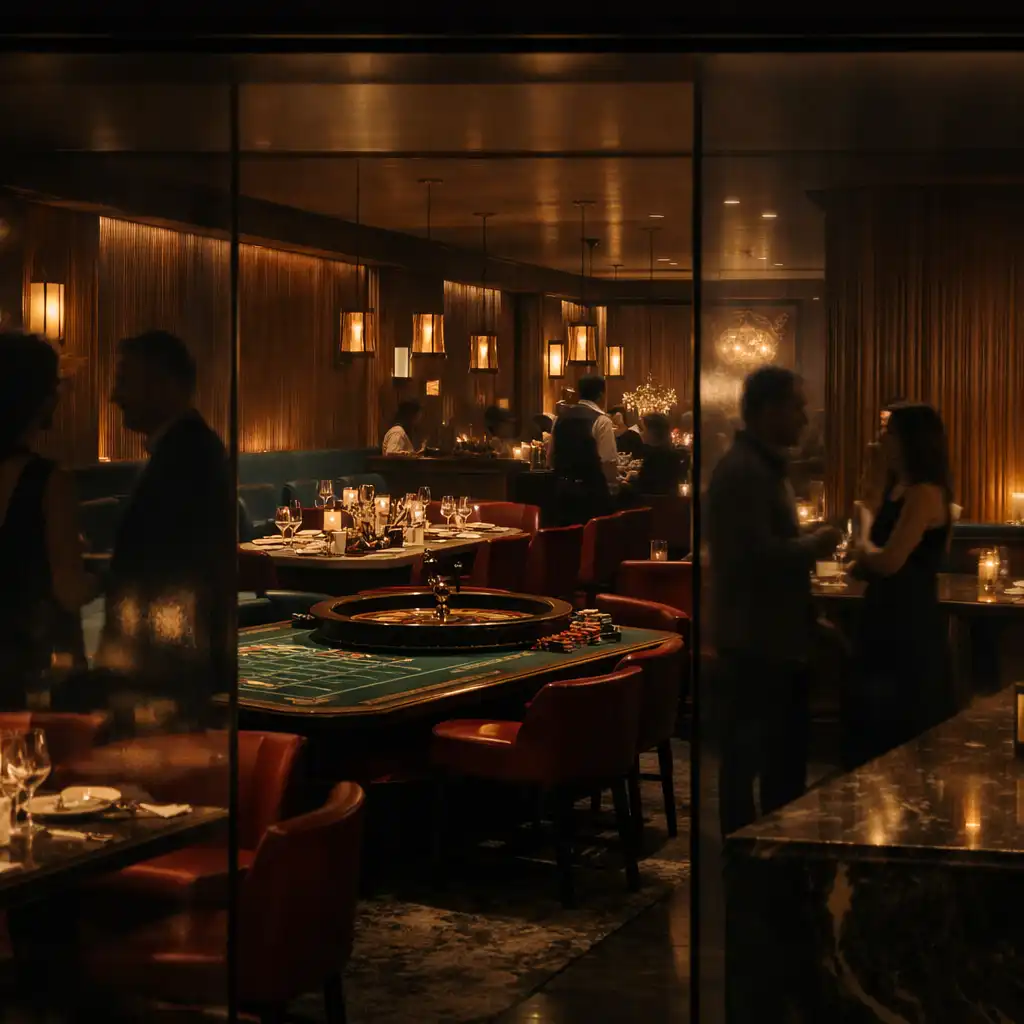 DinePavilion Casino Lounge seen through smoked glass, with walnut walls, ruby seating and softly lit dining tables.