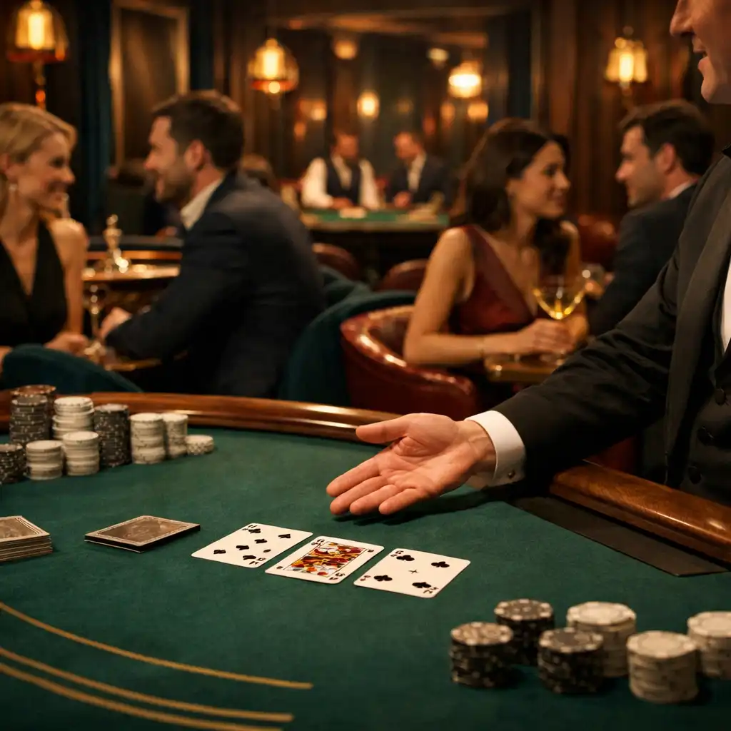 Guests in conversation around a hosted physical table in the DinePavilion Casino Lounge.