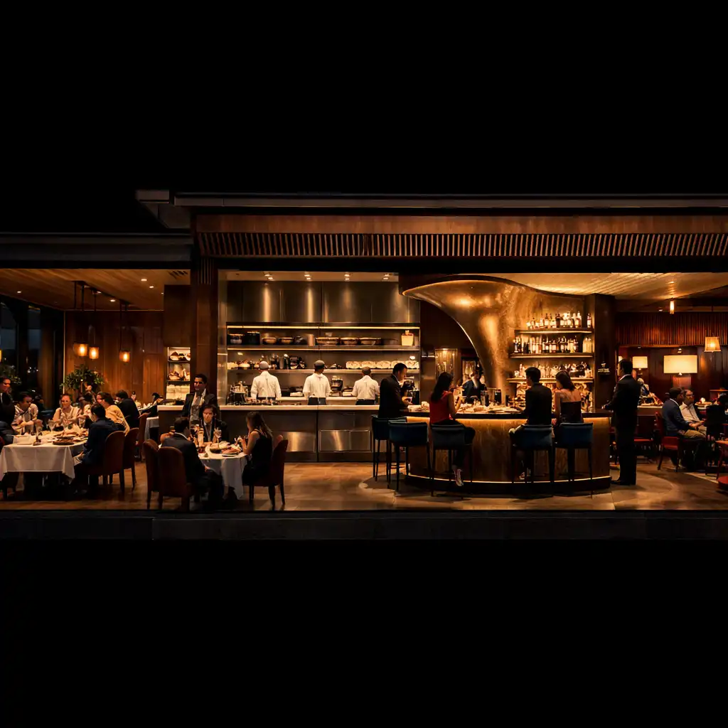 DinePavilion after dusk, revealing connected dining, kitchen, bar and hosted lounge rooms.