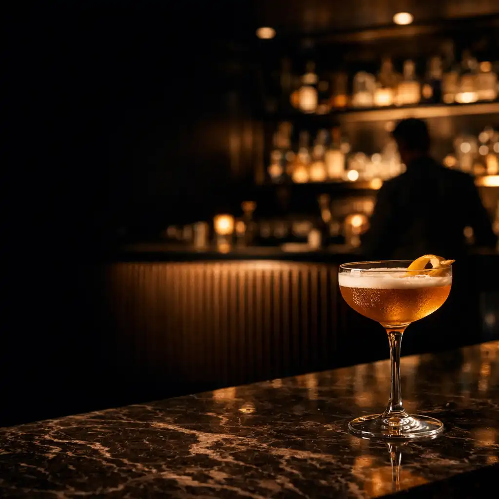 A composed cocktail in refined glassware at DinePavilion's sculptural bar.