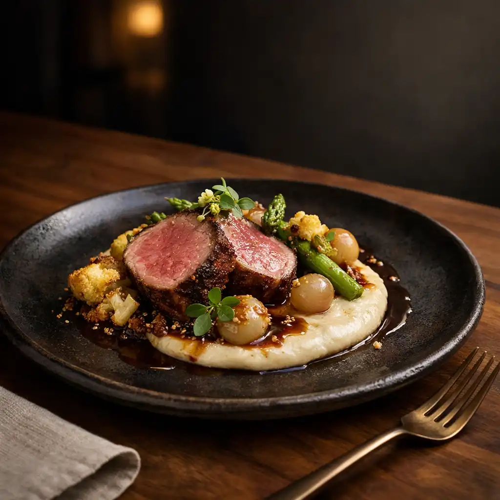 A refined plated dish on a handmade dark ceramic plate at DinePavilion.