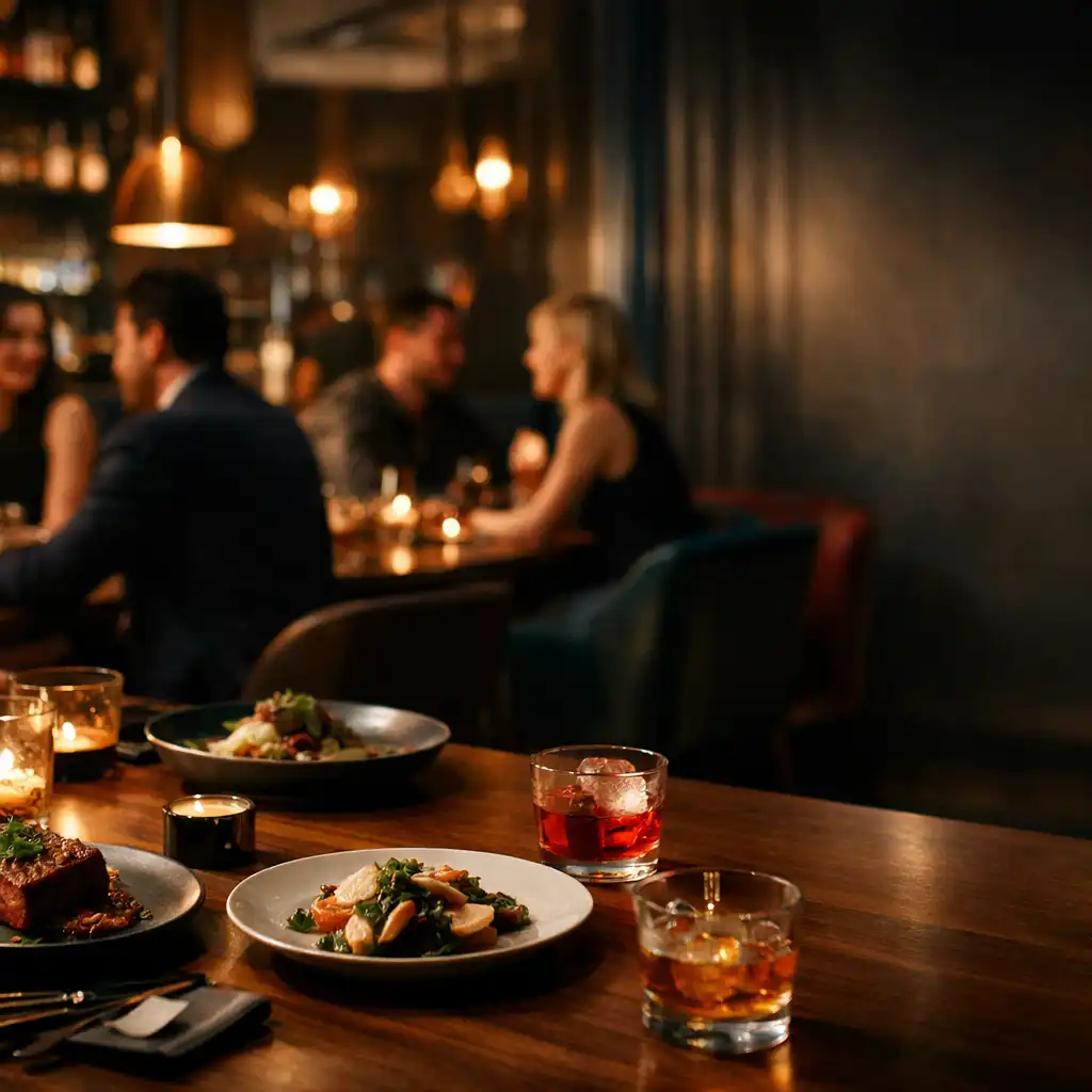 Guests enjoying a relaxed late dinner in the warmly lit DinePavilion dining room.