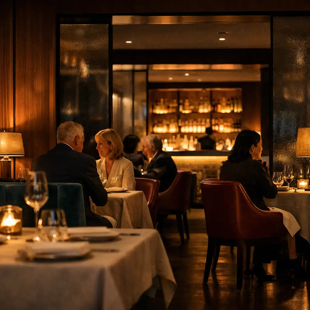 DinePavilion dining interior with walnut walls, velvet seating and warm bronze lighting.