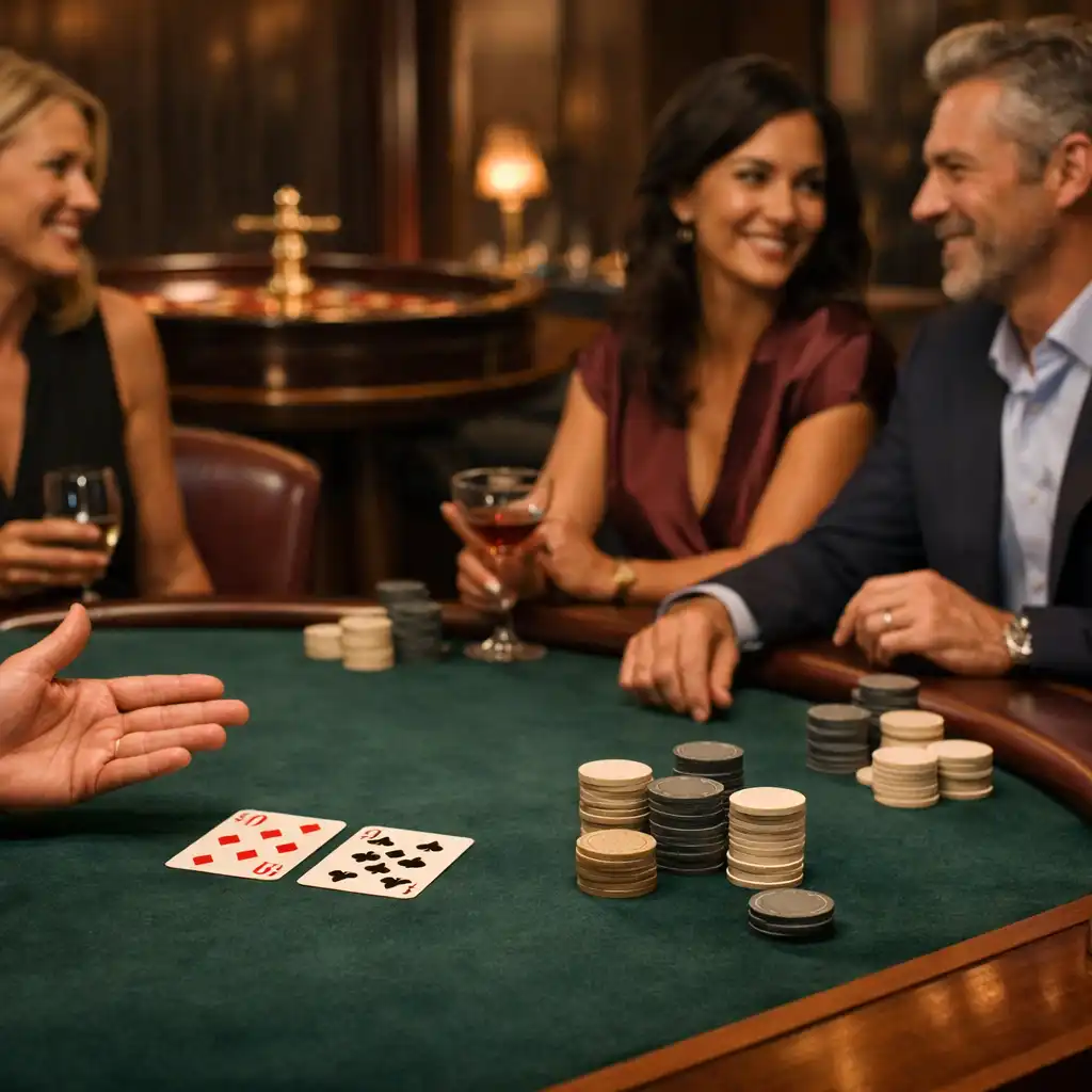 Guests and a host gathered around a physical table with playing cards and a roulette wheel in DinePavilion’s Casino Lounge.