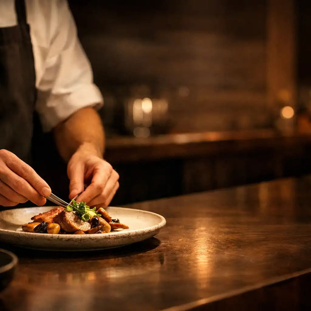 A chef’s hands applying a final detail to a composed plate under warm pass lighting.
