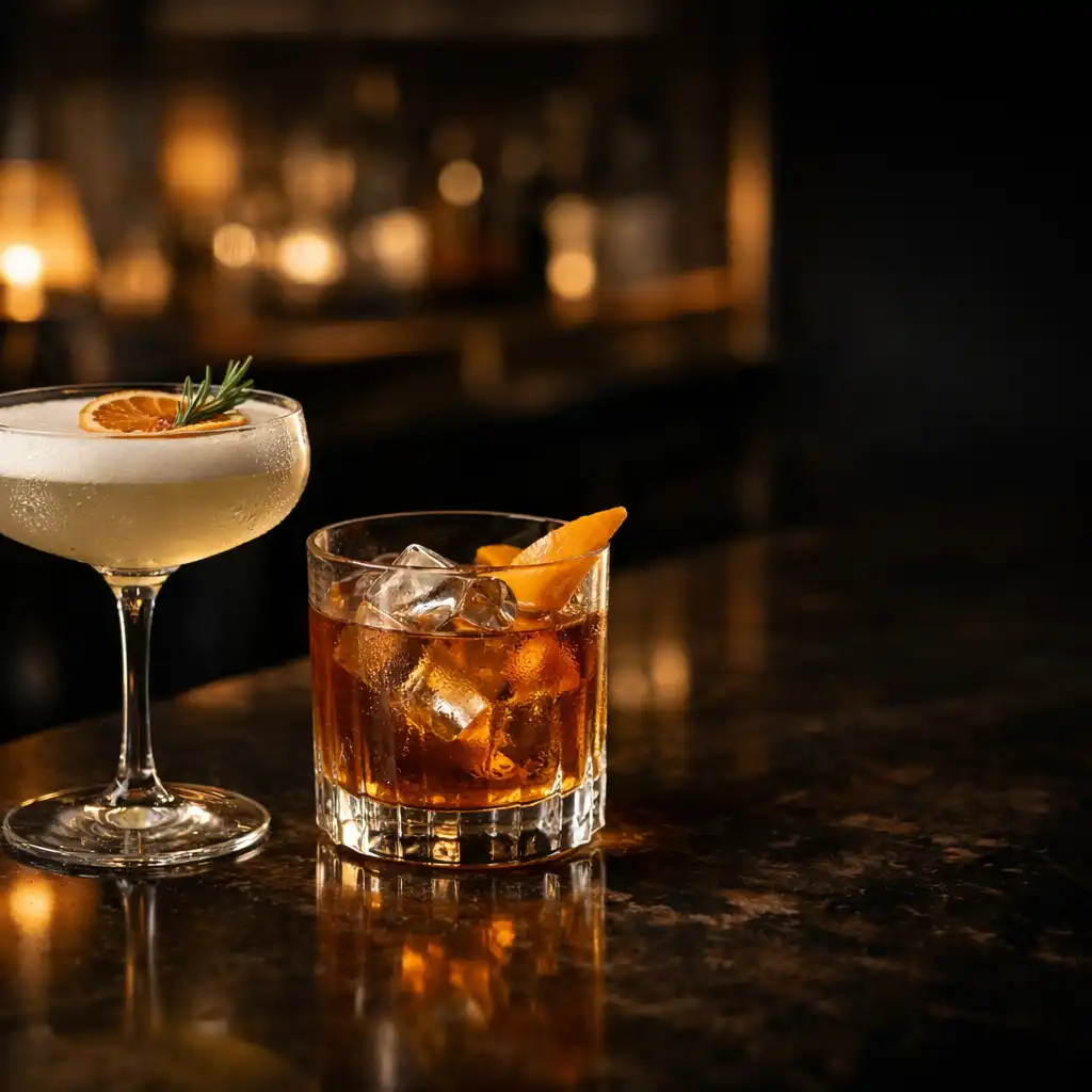 Two refined cocktails in elegant glassware beside smoked-glass reflections and bronze bar details.