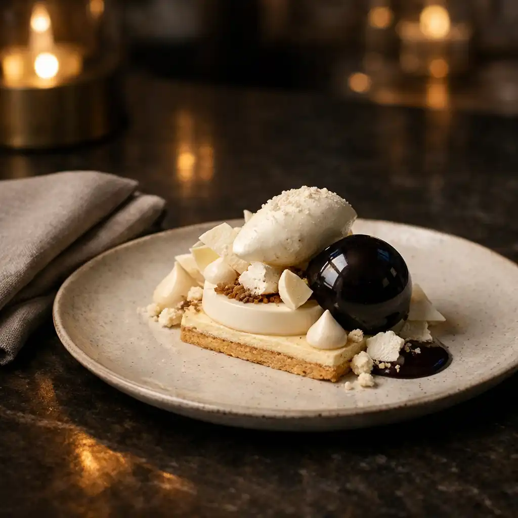 An elegant plated dessert with pale layered elements and a dark glossy accent on a warmly lit table.