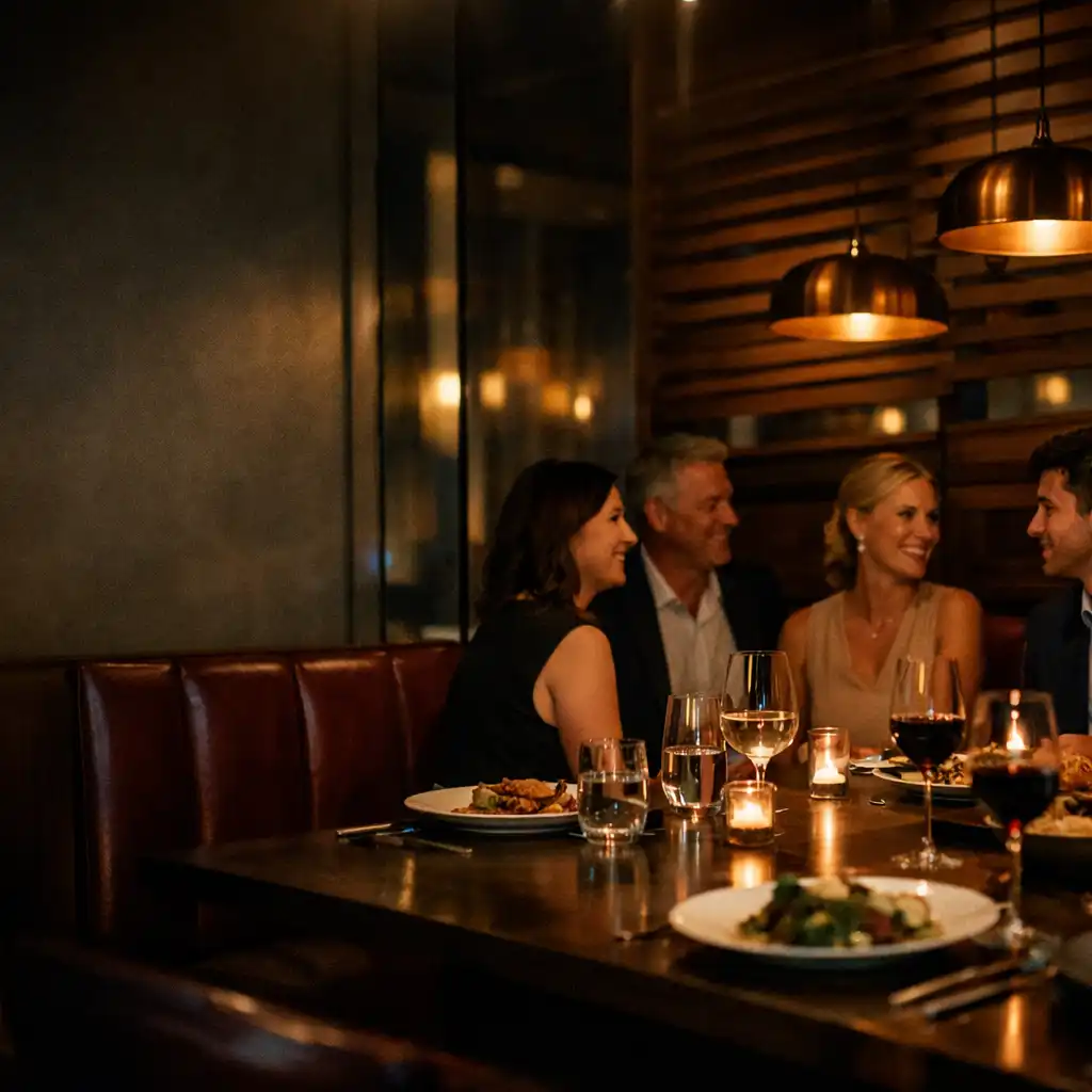 Guests sharing plated dishes beneath warm bronze lights in DinePavilion’s Sydney dining room.