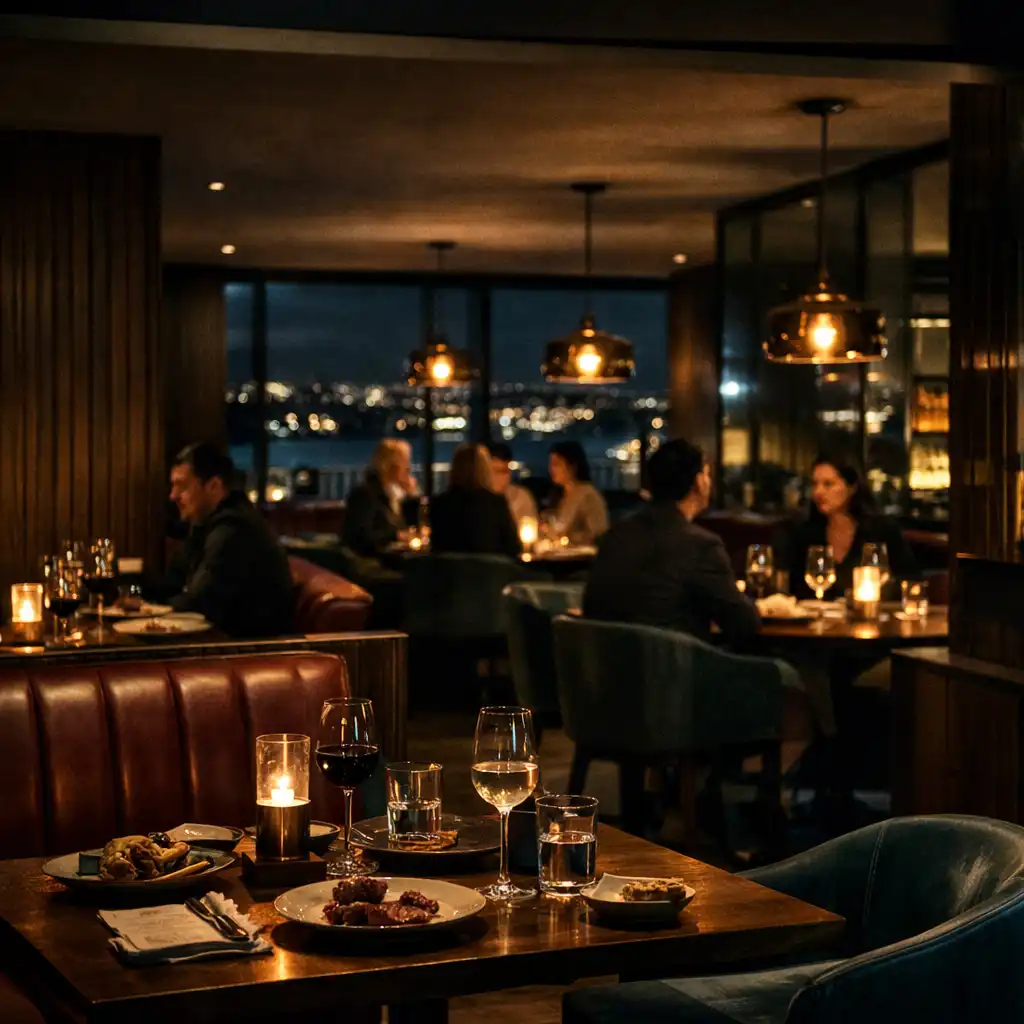 Occupied DinePavilion dining room with ribbed walnut, ruby seating, smoked glass and warm bronze light pools.