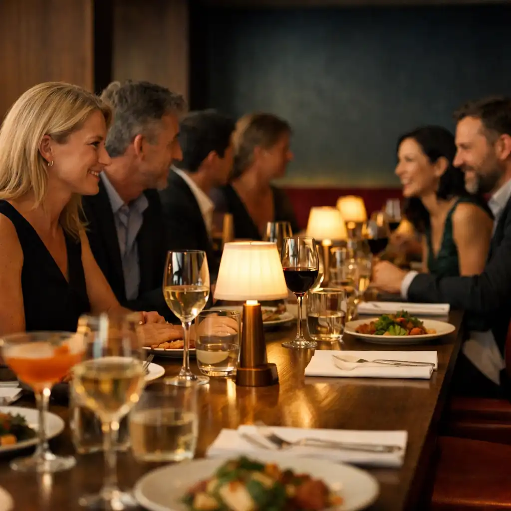Adult guests in evening attire sharing dishes and conversation at a warmly lit DinePavilion table.