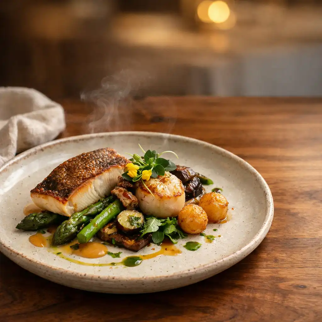 A composed savoury signature plate on handmade ceramic beside soft linen and a walnut table surface.