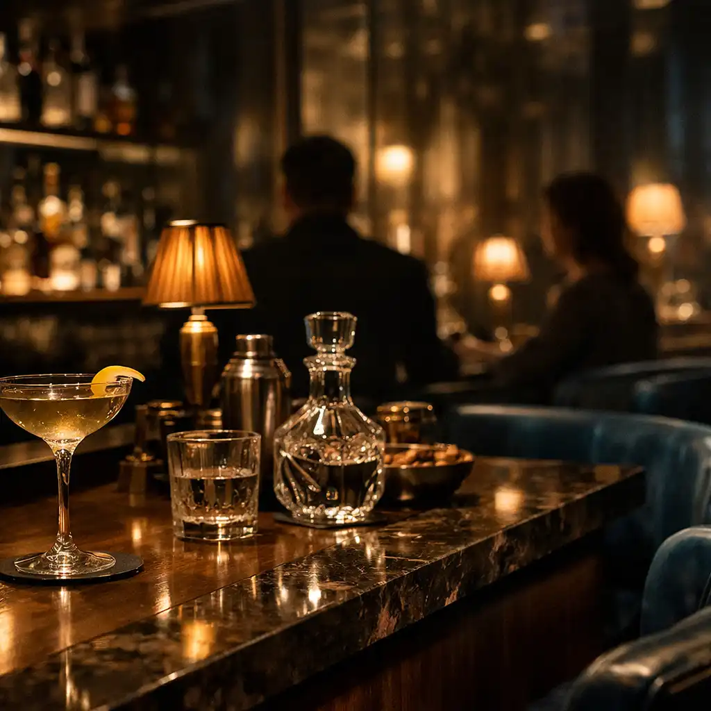 DinePavilion bar with walnut, dark marble, smoked glass and warm bronze lighting