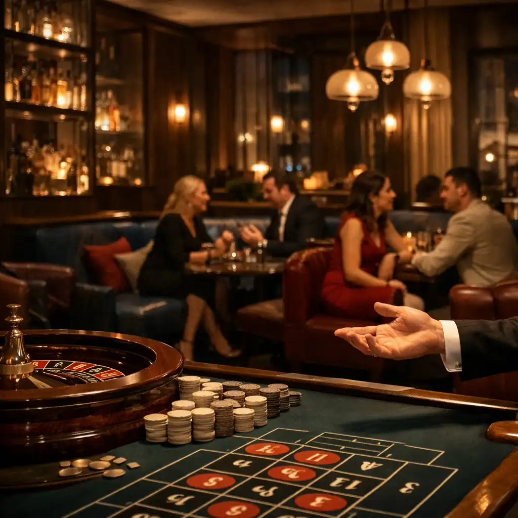 Hosted physical roulette table in DinePavilion Casino Lounge with guests and warm architectural lighting
