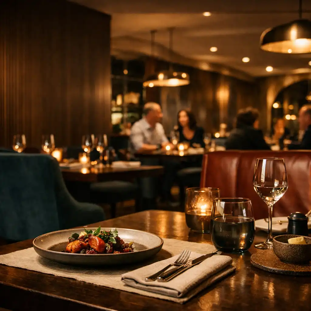 DinePavilion main dining room with warm practical lights and diners in conversation