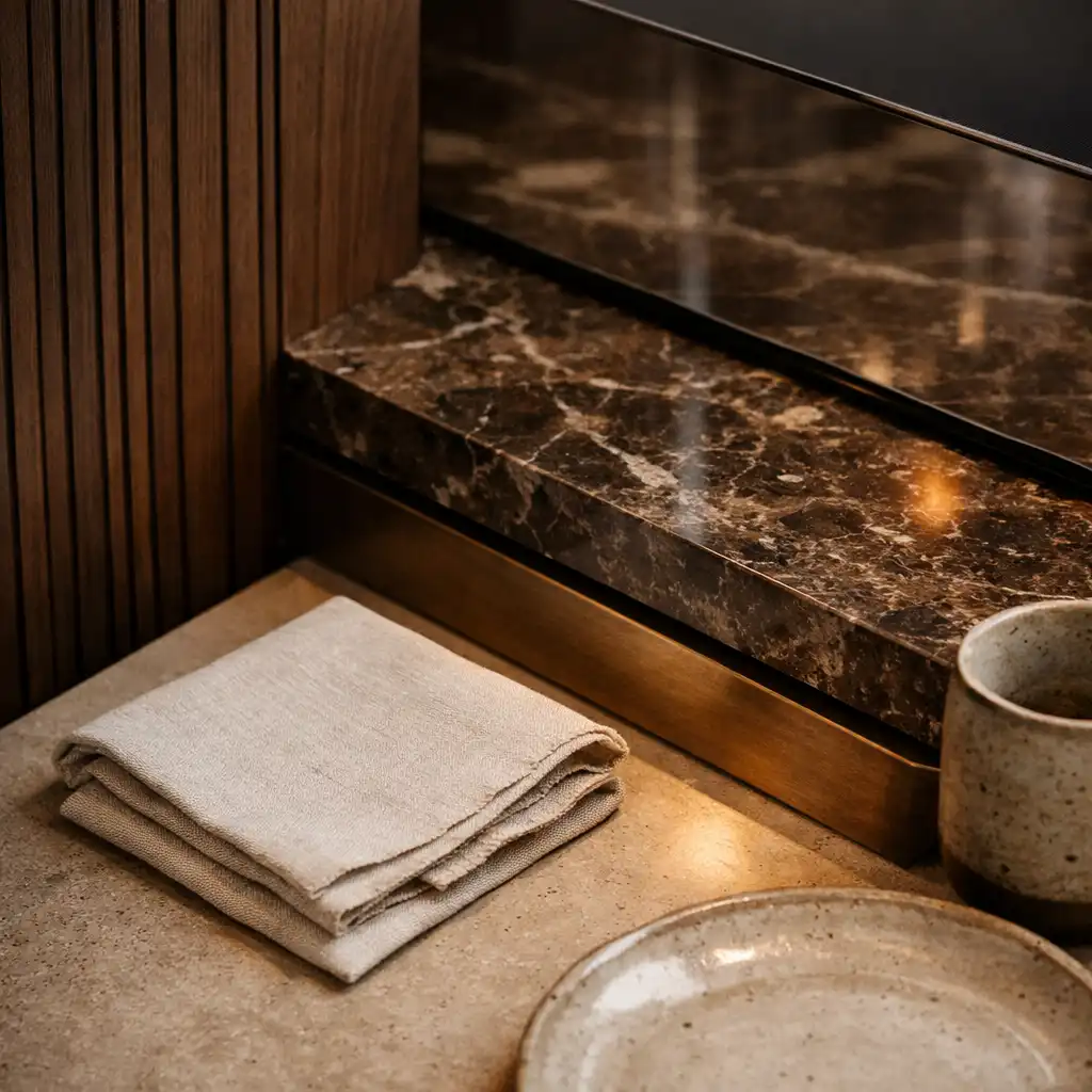 Ribbed walnut, dark marble, limestone, bronze and linen in a DinePavilion material detail