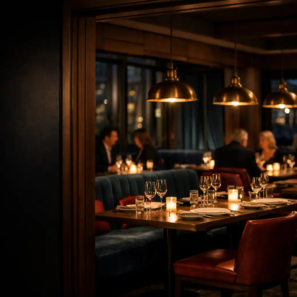 Warmly lit DinePavilion dining room with walnut framing, petrol seating and dressed tables