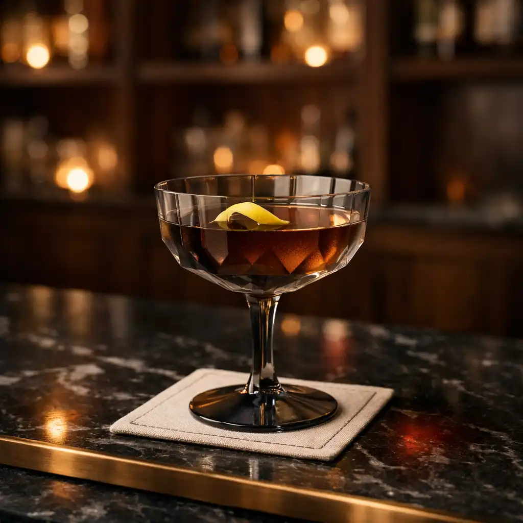 Crafted cocktail in a smoked-glass coupe on a dark marble bar
