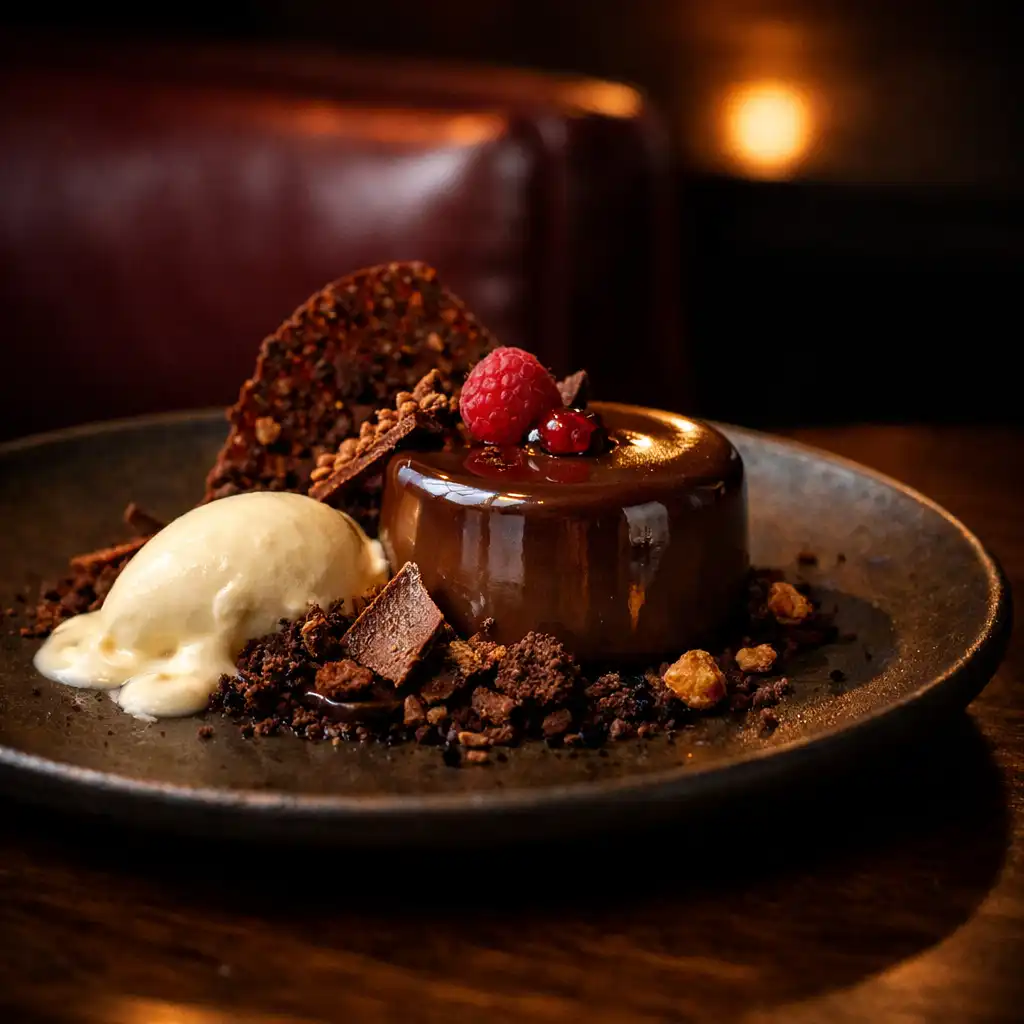 Fine-dining chocolate dessert with crisp elements and cream on dark stoneware