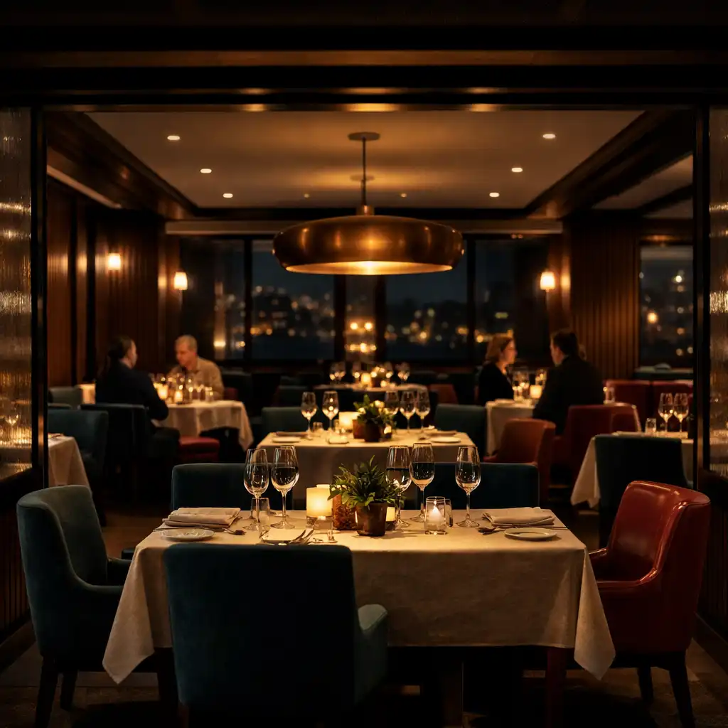 Warmly lit contemporary dining room with walnut, smoked glass and deep petrol seating