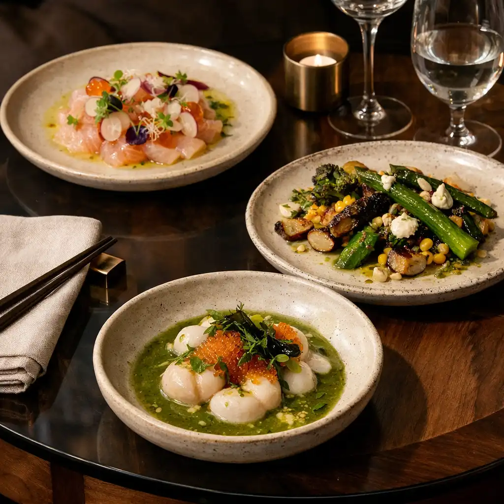 Refined opening dishes arranged on ceramic plates over a walnut table