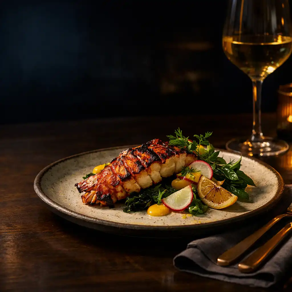 Charred seafood dish on stoneware in a low-lit dining room