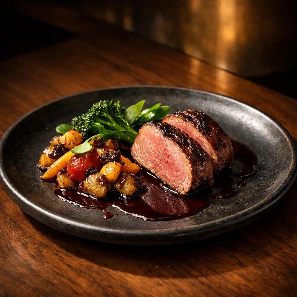 Richly composed roasted meat main course on dark handmade ceramic