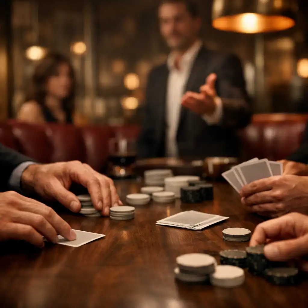 Hands, physical playing cards and neutral chips on a walnut poker table under warm bronze light.