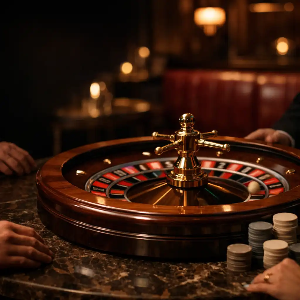 A physical roulette wheel on dark marble with guests' hands nearby in DinePavilion's Lounge.