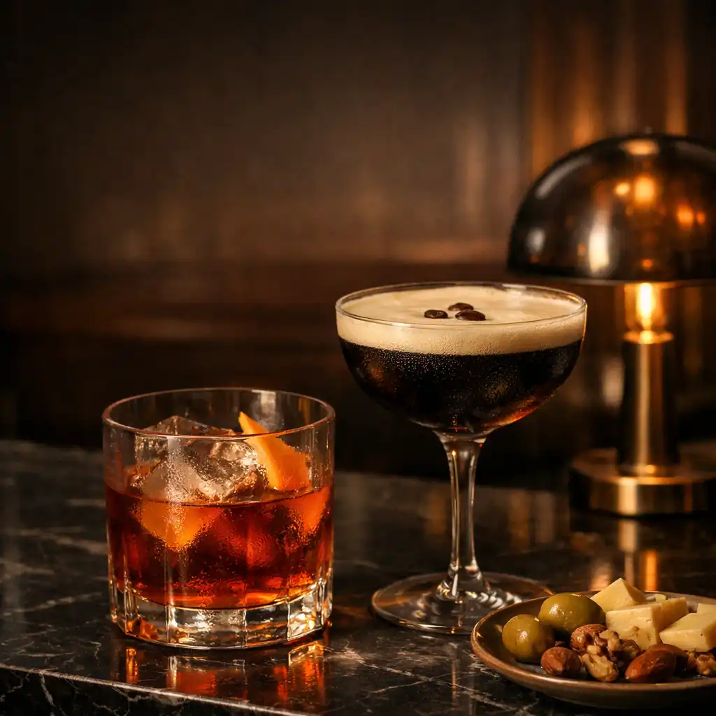 Two cocktails resting on a dark marble bar