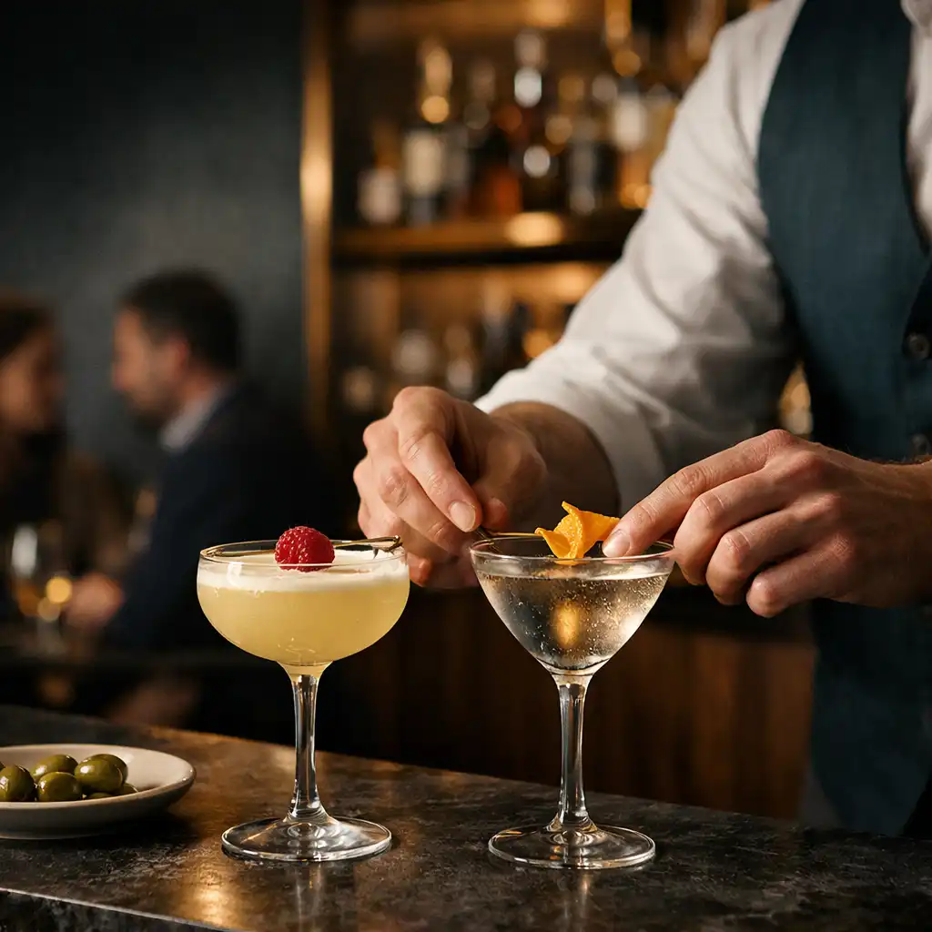 Cocktails being prepared at a refined dark stone bar