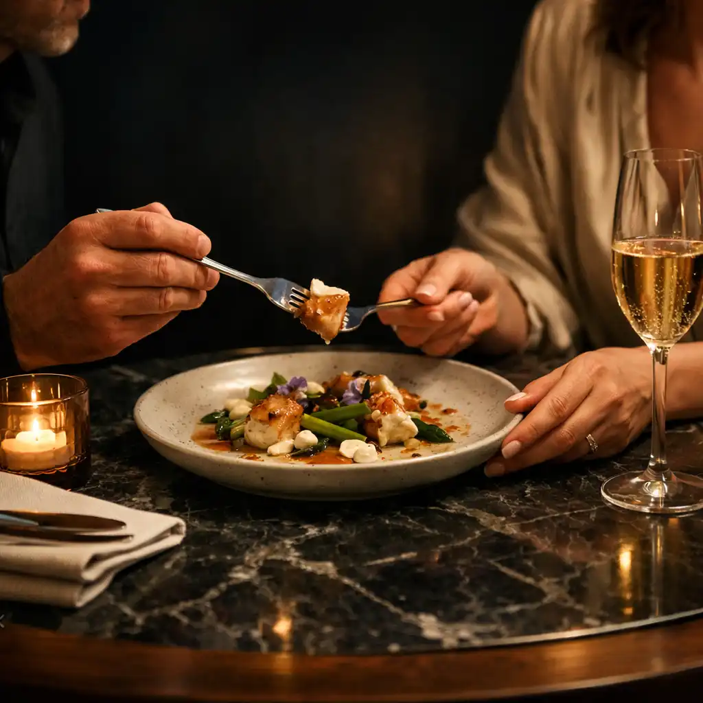Two diners sharing a plated dish across a walnut table