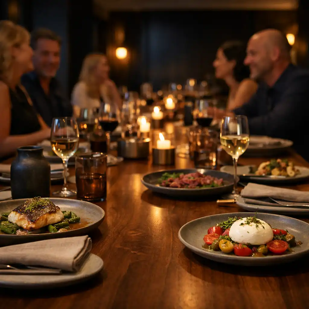 Guests gathered around a walnut dining table with contemporary plated dishes