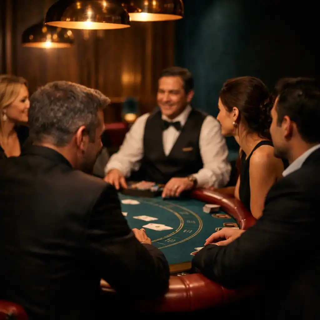 Guests talking across a hosted physical table in the lounge