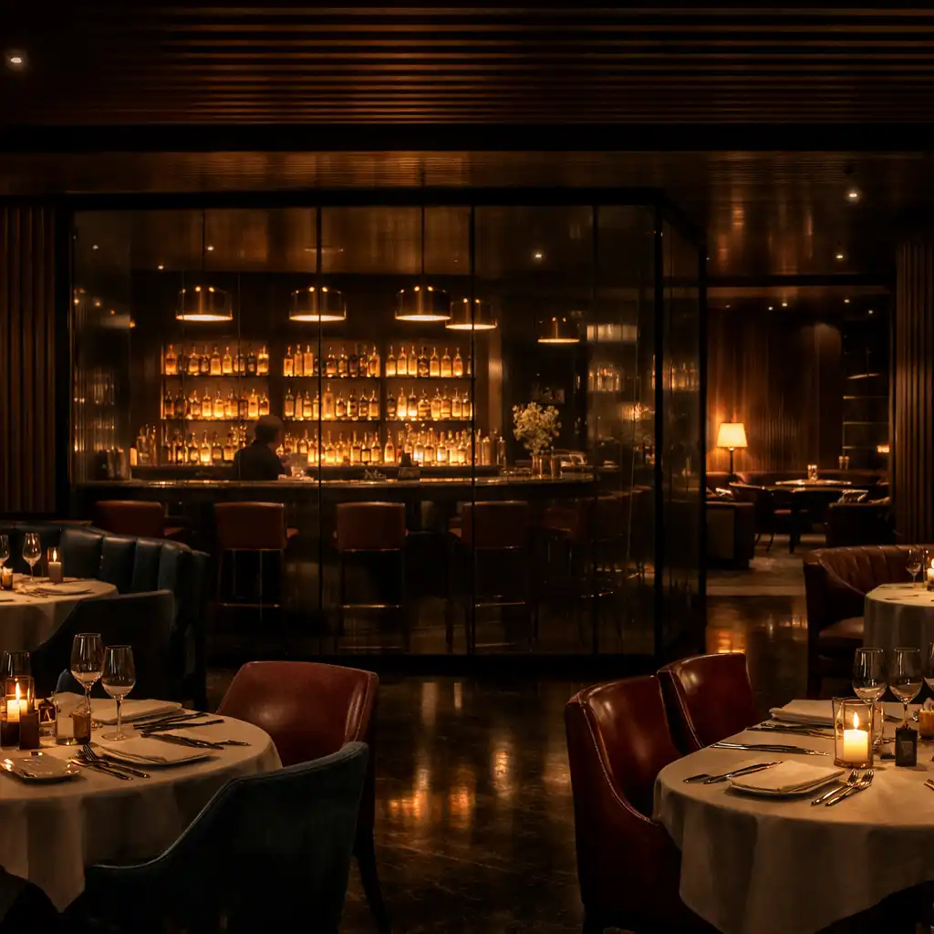 Panoramic DinePavilion interior with dining tables, cocktail bar and lounge atmosphere