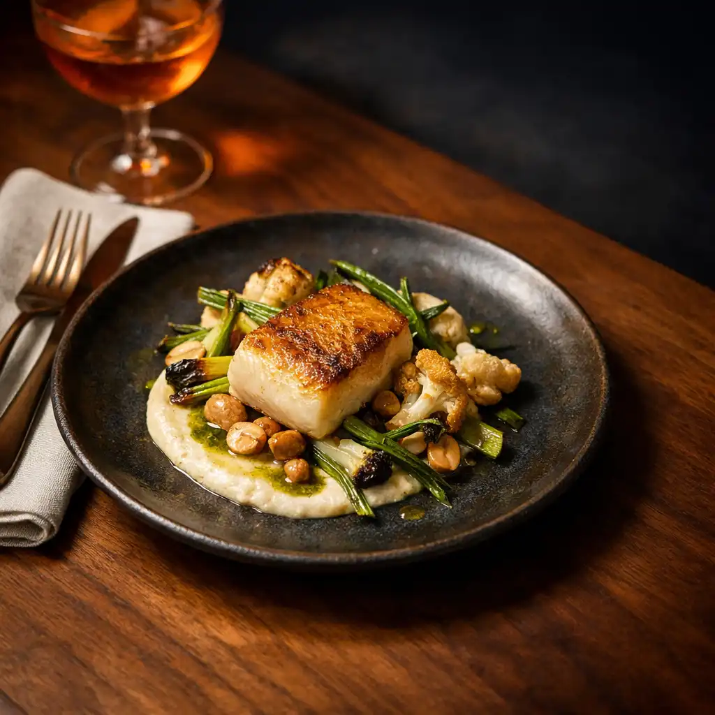 A contemporary Australian dish presented on dark handmade ceramic